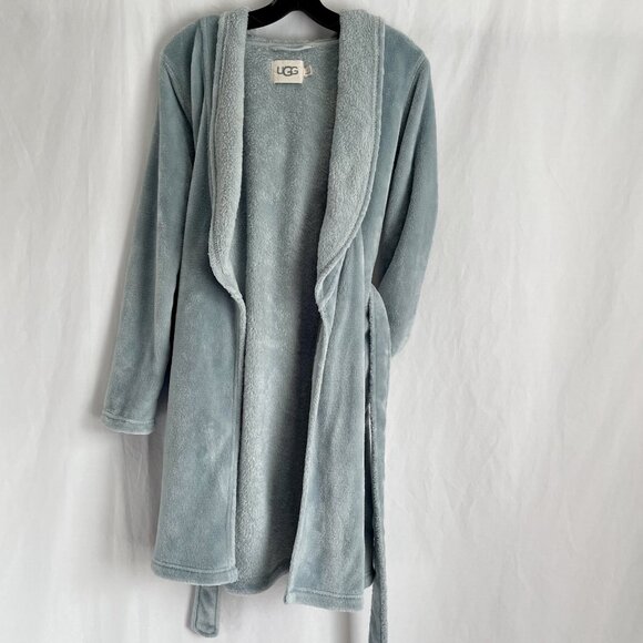 UGG Women’s Miranda Fleece Hooded Short Robe Size S Blue Plush Belted Pockets - Picture 9 of 11